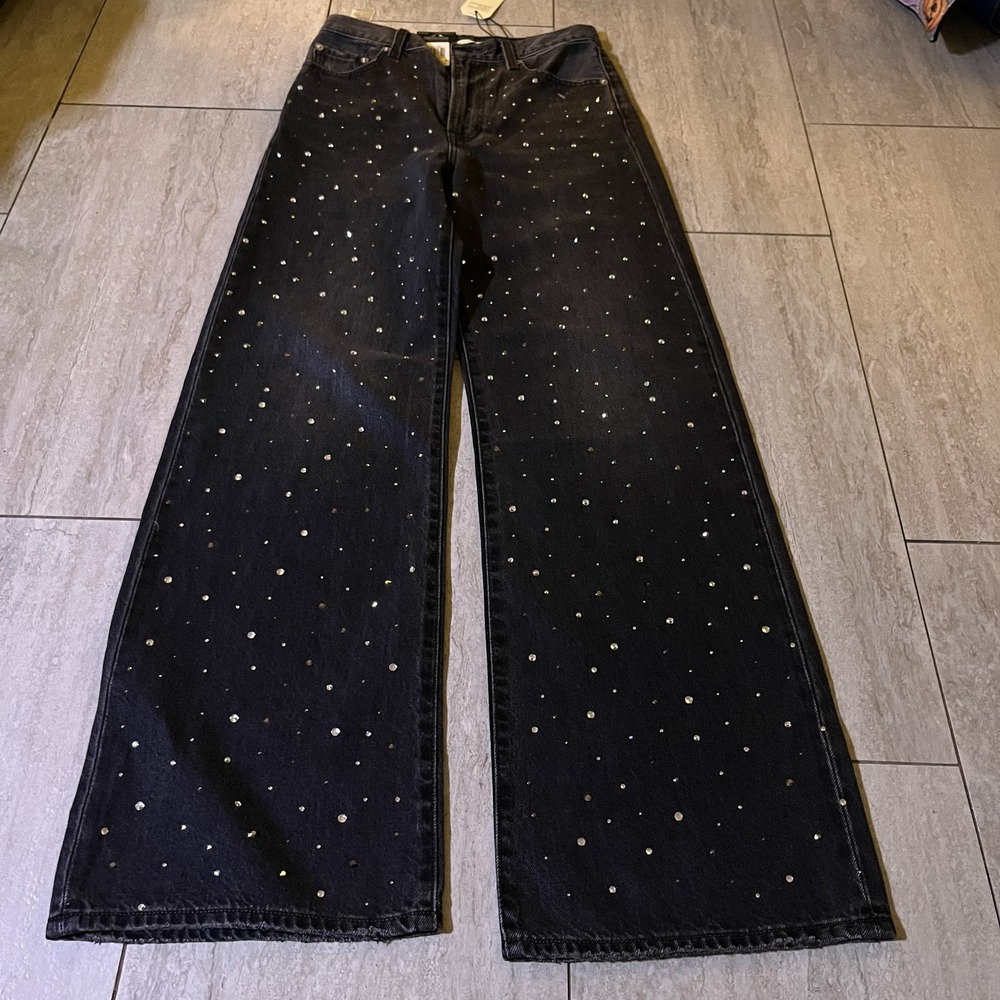 Levis Ribcage Wide Leg Jeans Womens 26x32 Black Rhinestone Studded A60810055